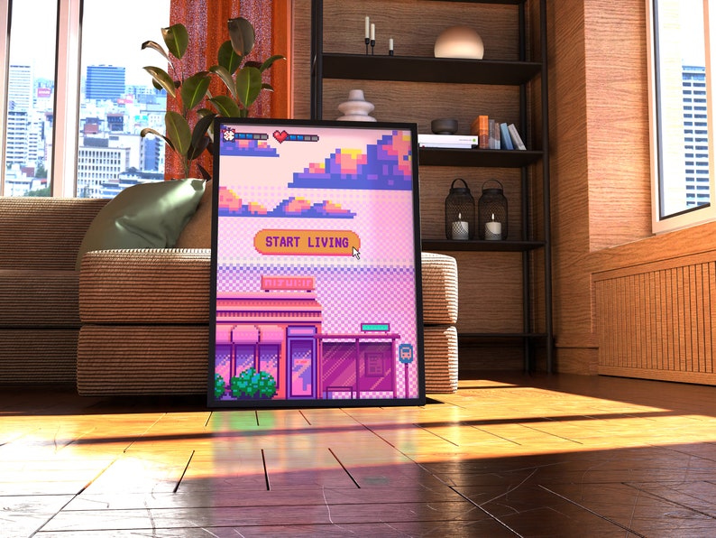 May include: A framed pixel art print with a pink and blue color scheme. The print depicts a city scene with a building that says "Start Living" above the entrance. The print is hanging on a wall in a living room.