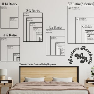 May include: A chart showing different aspect ratios for prints, including 11:14, 4:5, 2:3, 3:4, and 5:7. The chart includes measurements in inches and centimeters. The text "Western Aesthetic" is written in a retro font.