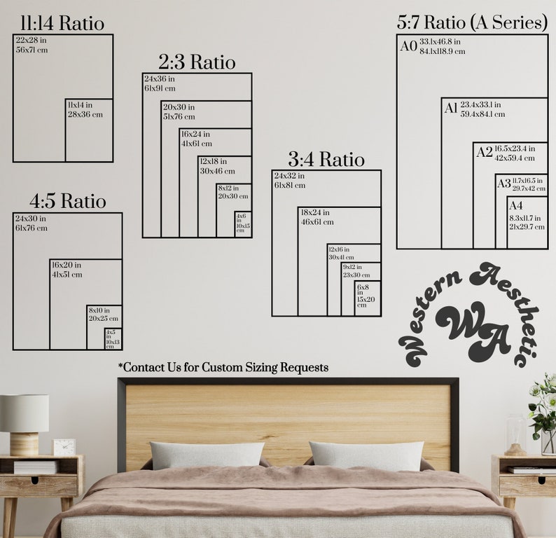 May include: A chart showing different aspect ratios for prints, including 11:14, 4:5, 2:3, 3:4, and 5:7. The chart includes measurements in inches and centimeters. The text "Western Aesthetic" is written in a retro font.