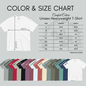 May include: Unisex heavyweight t-shirt size chart with measurements in inches. The chart shows sizes from S to 4XL with corresponding length and width measurements. The chart is accompanied by a color swatch of 12 different t-shirt colors: granite, blue spruce, red, bay, black, berry, brick, Chambray, crimson, ivory, ice blue, moss, pepper, seafoam, true navy, and white.