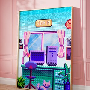 Puede incluir: Impresi&oacute;n de arte pixelado de un escritorio de computadora con una computadora, una l&aacute;mpara, una silla y un gato. El fondo es un patr&oacute;n pixelado azul y blanco con el texto "SIGN IN" en amarillo.
