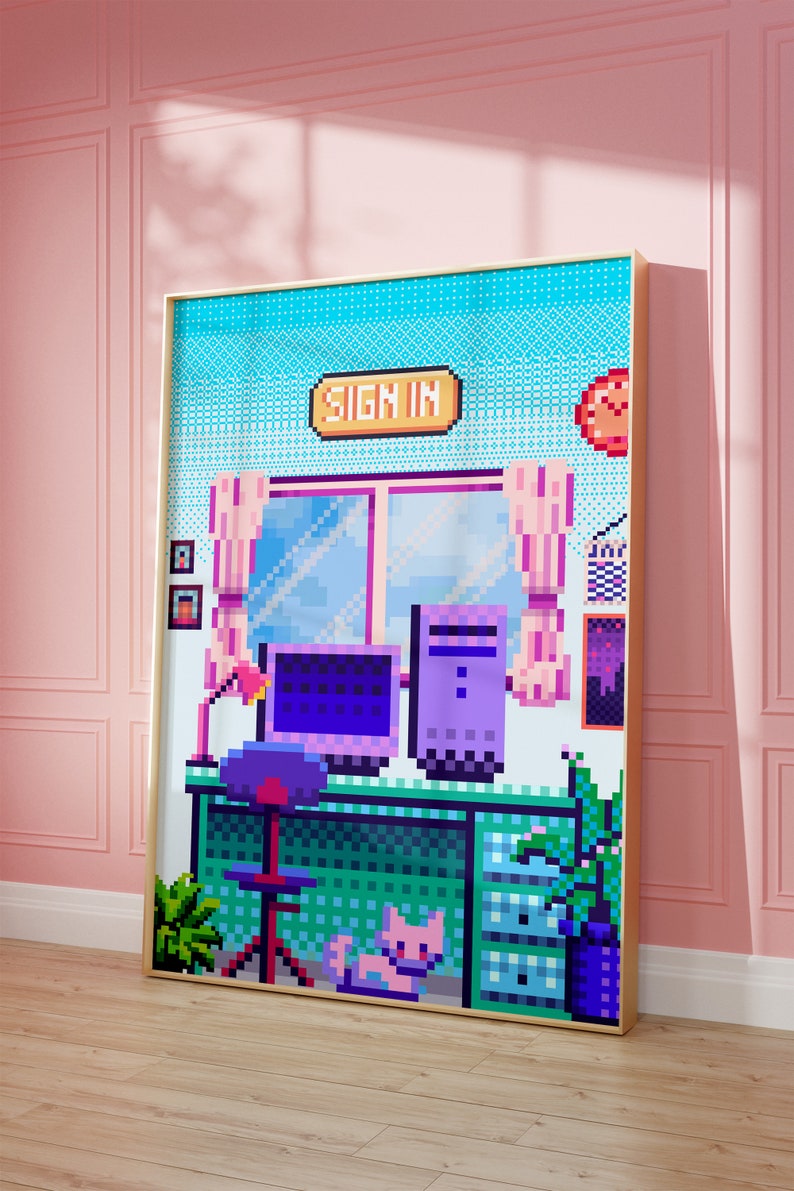 Puede incluir: Impresi&oacute;n de arte pixelado de un escritorio de computadora con una computadora, una l&aacute;mpara, una silla y un gato. El fondo es un patr&oacute;n pixelado azul y blanco con el texto "SIGN IN" en amarillo.