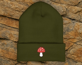 Mushroom Embroidered Beanie – Unisex Cuffed Knit Winter Hat