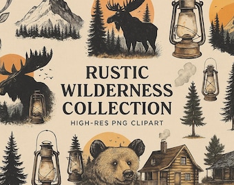 Rustieke wildernis clipartbundel | Vintage png-bestanden voor bos en dieren in het wild