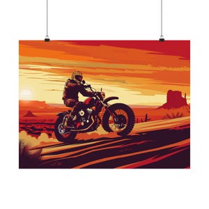 Vintage Motorcycle Adventure motorcycle Poster, Biker Art Print, Matte Wall Decor, Motocycle Lover Gift, Sunset Landscape Wall Art