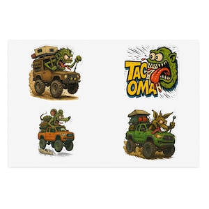 Op de afbeelding: Vier kleurrijke stickers met cartoonmonsterkarakters die off-road voertuigen besturen. Eén sticker heeft de tekst "Tacoma" in geel en blauw. De voertuigen zijn bruin, oranje en groen.
