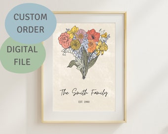 DIGITAL DOWNLOAD | Family Flower Bouquet | Birth Month Flower | Custom Art | Personalized Gift