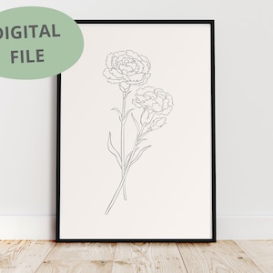 Nelke Line Art | Nelke Druck | Druckbare Kunst | Blumen Print | Januar Geburtsblume | Linienzeichnung