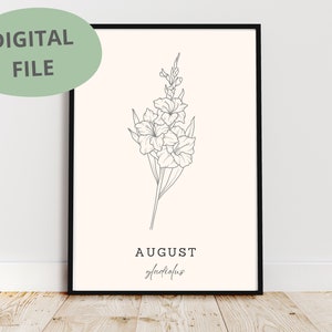 Gladiolus Line Art | Gladiolus Print | Printable Art | Flower Print | August Birth Flower | Line Drawing
