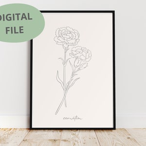 Nelke Line Art | Nelke Druck | Druckbare Kunst | Blumen Print | Januar Geburtsblume | Linienzeichnung
