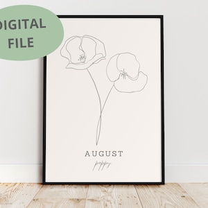 Poppy Line Art | Poppy Print | Printable Art | Flower Print | August Birth Flower | Line Drawing