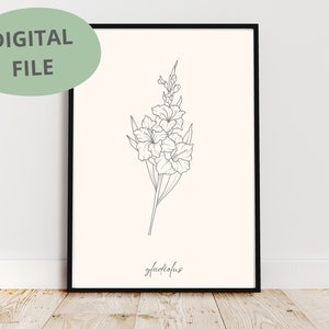 Gladiolus Line Art | Gladiolus Print | Printable Art | Flower Print | August Birth Flower | Line Drawing