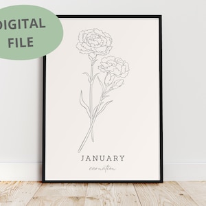 Nelke Line Art | Nelke Druck | Druckbare Kunst | Blumen Print | Januar Geburtsblume | Linienzeichnung