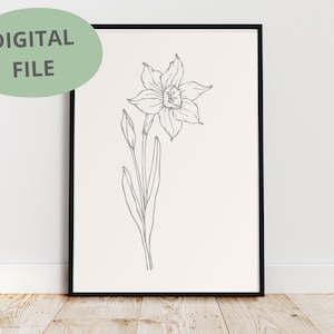 Dessin au trait jonquille | Impression jonquille | Art imprimable | Imprimé floral | fleur de naissance mars | Dessin au trait