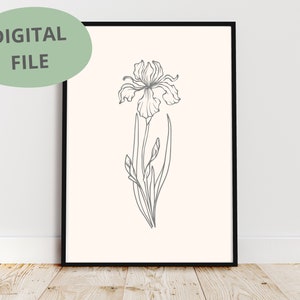 May include: A black and white line drawing of an iris flower with a simple, minimalist style. The flower is depicted in bloom with its petals open and its leaves extending downwards.