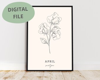 Sweet Pea Line Art Print | April Birth Flower (Digital Download)