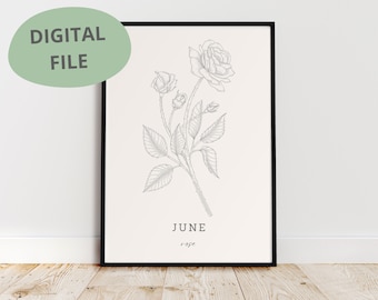 Rose Line Art Print | June Birth Flower (Digital Download)