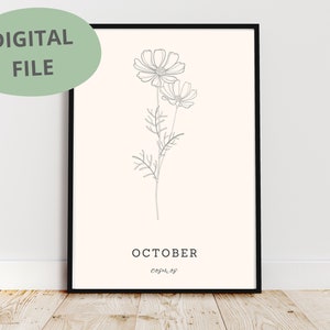 Cosmos Line Art | Cosmos Print | Printable Art | Flower Print | October Birth Flower | Line Drawing