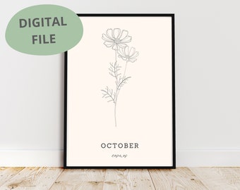 Cosmos Line Art Print | October Birth Flower (Digital Download)