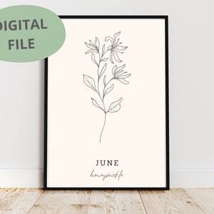 Honeysuckle Line Art | Honeysuckle Print | Printable Art | Flower Print | June Birth Flower | Line Drawing