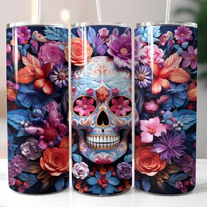 Dia De Los Muertos PNG Halloween Tumbler Wrap Sugar Skull Tumbler Wrap Florals and Butterflies 20 oz Sublimation Design Digital Download