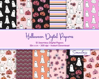 Cute Halloween Seamless Pattern: Ghost, Pumpkin (Digital Download)