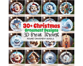 May include: A collection of 30+ Christmas ornament designs featuring various characters and scenes. The ornaments are round and have a 3D break-through effect. The text "30+ Christmas Ornament Designs 3D Break Through Round Ornament Bundle" is displayed in the center of the image.