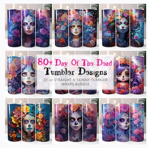Paquete de diseño de sublimación de vaso del Día de los Muertos, más de 80 diseños de vaso del Día de los Muertos, PNG de sublimación de envoltura de vaso de 20 oz
