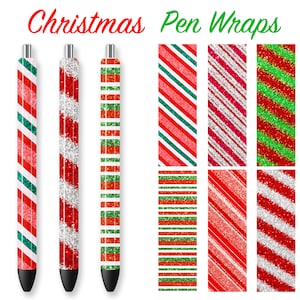 May include: Three Christmas pen wraps with red, white, and green glitter designs. The designs include candy cane stripes, diagonal stripes, and horizontal stripes. The text "Christmas Pen Wraps" is at the top of the image.