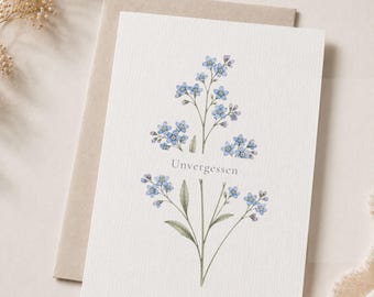 Trauerkarte Vergissmeinnicht – Unvergessen – Aquarellkarte mit Graspapier Umschlag – Beileidskarte Blumen handgemacht
