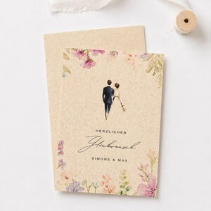 Hochzeitskarte personalisiert ecofriendly mit Namen Simone und Max, hochwertige Glückwunschkarte aus strukturiertem Graspapier mit zarten Aquarellblumen und Brautpaar Illustration, minimalistische Boho Hochzeitskarte als Geschenk für das Brautpaar, umweltfreundliche Papeterie für moderne Hochzeiten, individuelle Karte mit Namen und Datum für Hochzeit oder Verlobung