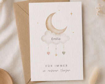 Personalisierte Sternenkind Karte mit Name | Trauerkarte Baby & Kind | „Für immer in unseren Herzen“ | Aquarellkarte | Erinnerungskarte