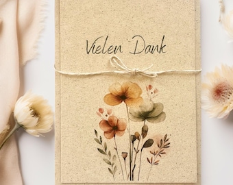 Dankeskarte Aquarellblumen | Vielen Dank Karte Graspapier | Nachhaltige Postkarte Dankeschön | Blumen Grußkarte minimalistisch