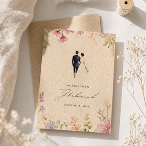 Hochzeitskarte Aquarell boho personalisiert, natürliche Glückwunschkarte aus Graspapier mit Blumen und minimalistischem Design, nachhaltige Grußkarte zur Hochzeit mit Hochzeitsglückwünschen