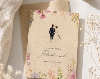 Hochzeitskarte personalisiert aus Graspapier – A6 Postkarte nachhaltig – Herzlichen Glückwunsch, florales Aquarelldesign