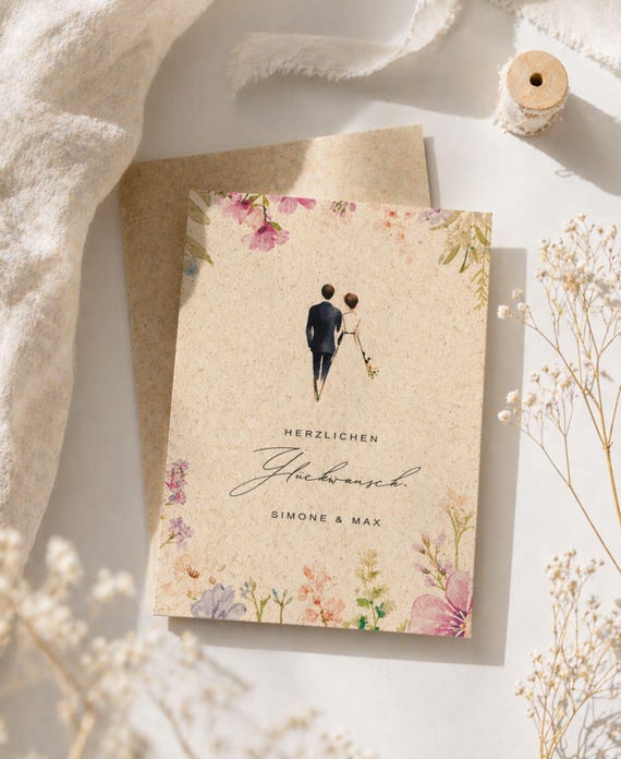 Hochzeitskarte personalisiert aus Graspapier – A6 Postkarte nachhaltig – Herzlichen Glückwunsch, florales Aquarelldesign