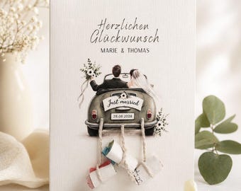 Hochzeitsgeschenk Geldgeschenk Brautpaar Karte A6 – Aquarell Hochzeitsauto – DIY Geldschein Karte mit Baumwollschnur – personalisiert