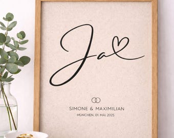 Hochzeitsgeschenk personalisiert Ja A4 – Individuelles Hochzeitsgeschenk auf Graspapier, Geschenk zur Hochzeit, Erinnerung Heiraten