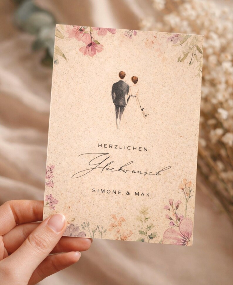 Karte zur Hochzeit mit Namen und Datum in der Hand gehalten, eco friendly Graspapier Karte mit Aquarell Illustration Brautpaar