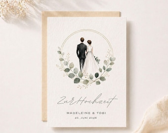 Personalisierte Hochzeitskarte Aquarell | Edle Einladungskarte Hochzeit mit Namen | Watercolor Wedding Card Graspapier Umschlag