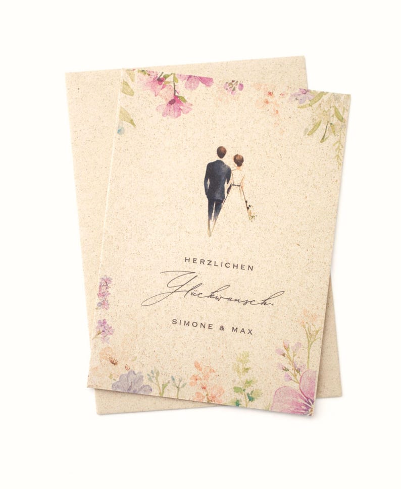Personalisierte Hochzeitskarte aus nachhaltigem Graspapier mit Namen und Datum, minimalistische Glückwunschkarte zur Hochzeit mit Aquarell Brautpaar Illustration, stilvolle Boho Hochzeitskarte mit floralen Elementen, umweltfreundliche Papeterie als Geschenkidee für das Brautpaar, individuelle Hochzeitskarte modern und natürlich, perfekt für Hochzeit, Verlobung oder besondere Anlässe