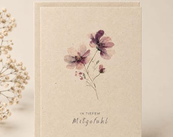 Trauerkarte Blumen Aquarell | Beileidskarte „In tiefem Mitgefühl“ | Nachhaltige Kondolenzkarte aus Graspapier