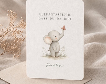 Personalisierte Geburtskarte mit Elefant – Aquarell Babykarte für Mädchen & Jungen, Glückwunschkarte zur Geburt