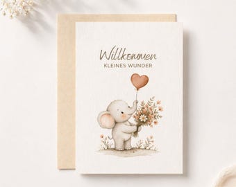 Geburtskarte Elefant „Willkommen kleines Wunder“ – Babykarte Aquarellpapier, neutral, Mädchen Junge, Glückwunschkarte Geburt
