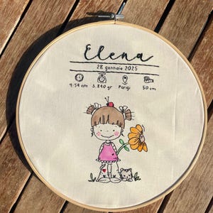 Può includere: Arte di ricamo su un cerchio che presenta una bambina dei cartoni animati che tiene un fiore, un gatto e il testo "Elena 28 gennaio 2025 9:54 am 3.880 gr Parigi 50 cm".