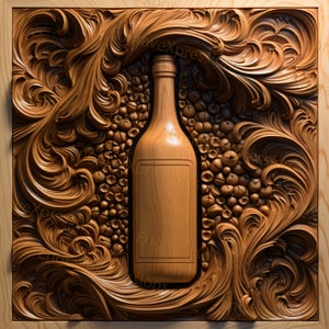 May include: Wooden relief carving of a wine bottle with a blank label, set against a backdrop of swirling, ornate floral and grape-like patterns. The artwork is framed in a light-colored wooden border, showcasing the detailed craftsmanship.