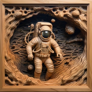 May include: A wooden sculpture of an astronaut in a space suit, carved in a detailed, intricate style. The astronaut is surrounded by a carved wooden background that resembles a moon landscape.