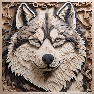 Peut inclure: Un gros plan d'une sculpture en bois d'un visage de loup. Le loup a une fourrure brun clair et grise avec un nez et des yeux noirs. La sculpture est détaillée et réaliste.