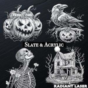 HALLOWEEN Slate Acrylic Bundle, 4 Laser Png, Laser Burn Engrave Files | Lightburn, X TOOL, Glowforge, CO2, Pumpkin, Haunted House, Skeleton