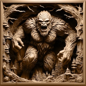 May include: A detailed wood carving of a large, hairy Bigfoot standing in a forest. The carving is very realistic and shows the Bigfoot's fur, teeth, and claws.